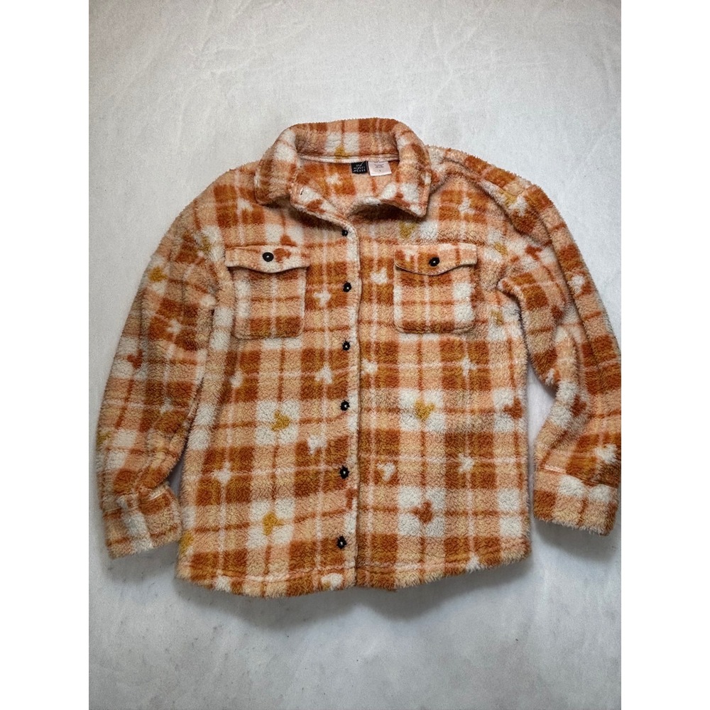 Disney‎ Mickey Mouse Plaid Sherpa Fleece Shacket Shirt Jacket Orange White L